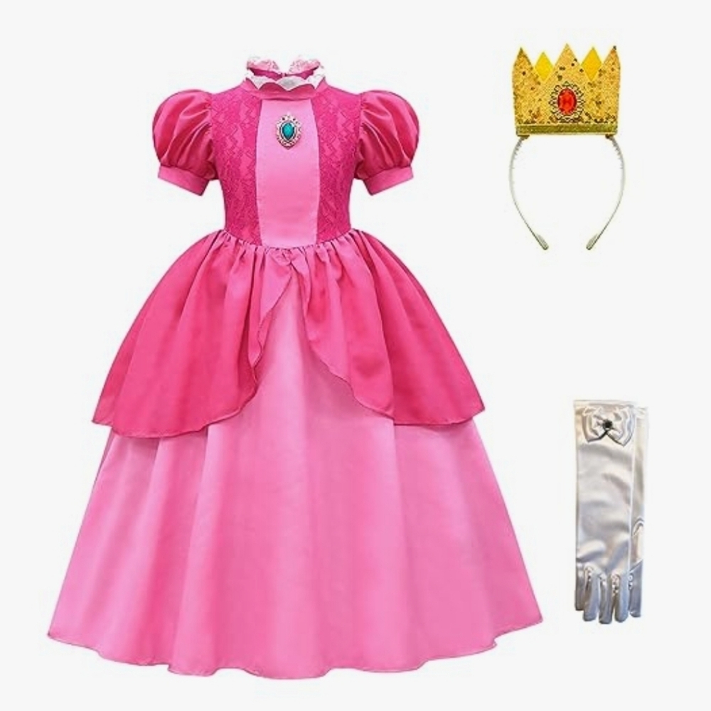 Princess Peach Costume Super Mario Brothers Movie with Crown Necklace & Gloves